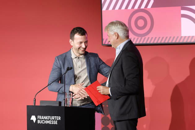 Frankfurt Impressions, October 6, 2026: The 78th Frankfurt Book Fair bids farewell to its long-time director, Juergen Boos (left). Sebastian GUGGOLZ, Chairman of the German Publishers and Booksellers Association, Frankfurt am Main, Hesse, Germany