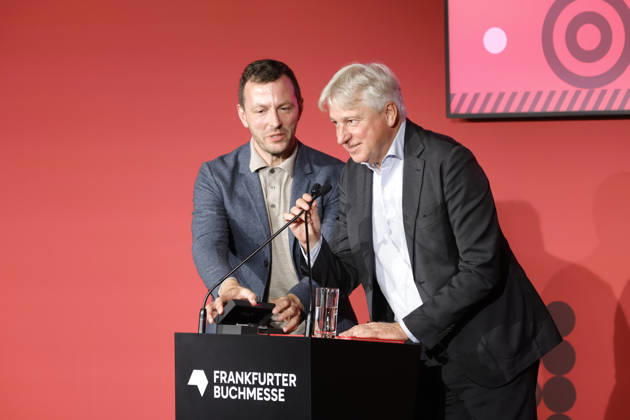 Frankfurt Impressions, October 6, 2026: The 78th Frankfurt Book Fair bids farewell to its long-time director, Juergen Boos (left). Sebastian GUGGOLZ, Chairman of the German Publishers and Booksellers Association, Frankfurt am Main, Hesse, Germany