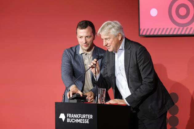 Frankfurt Impressions, October 6, 2026: The 78th Frankfurt Book Fair bids farewell to its long-time director, Juergen Boos (left). Sebastian GUGGOLZ, Chairman of the German Publishers and Booksellers Association, Frankfurt am Main, Hesse, Germany