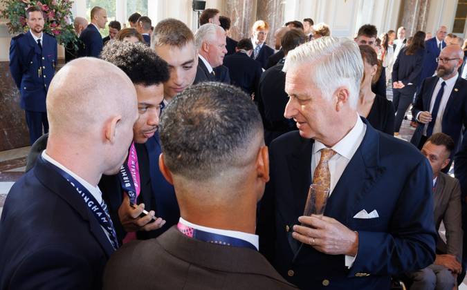 King Philippe - Filip of Belgium pictured during a royal meeting with the top Belgian athletes who have distinguished themselves over the past two years, at Laken Royal Castle, on Tuesday 6 October 2026. This concerns athletes who won a medal at a European or World Championship in an Olympic or Paralympic discipline, as well as Belgian athletes who have distinguished themselves exceptionally at the world level.  BENOITxDOPPAGNE 188887912
