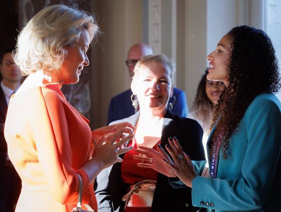 Queen Mathilde of Belgium pictured during a royal meeting with the top Belgian athletes who have distinguished themselves over the past two years, at Laken Royal Castle, on Tuesday 6 October 2026. This concerns athletes who won a medal at a European or World Championship in an Olympic or Paralympic discipline, as well as Belgian athletes who have distinguished themselves exceptionally at the world level.  BENOITxDOPPAGNE 188888897