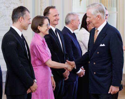 BOIC - COIB CEO Cedric Van Branteghem; President of the Belgian Paralympic Committee Ellen Van Camp; BOIC - COIB chairman Jean-Michel Saive and King Philippe - Filip of Belgium pictured during a royal meeting with the top Belgian athletes who have distinguished themselves over the past two years, at Laken Royal Castle, on Tuesday 6 October 2026. This concerns athletes who won a medal at a European or World Championship in an Olympic or Paralympic discipline, as well as Belgian athletes who have distinguished themselves exceptionally at the world level.  BENOITxDOPPAGNE 188890688