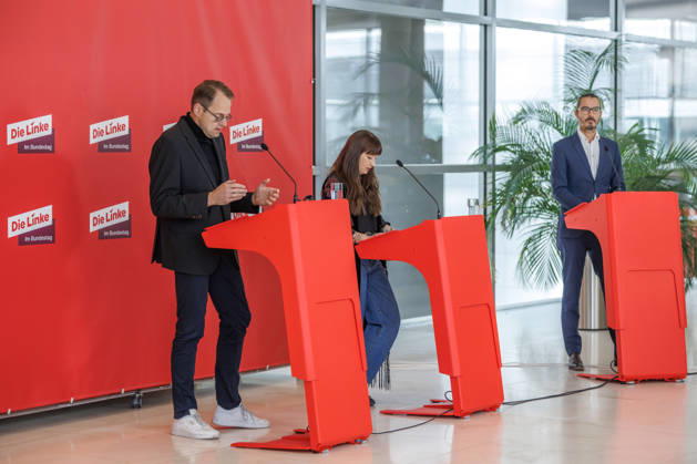 Statement by Die Linke: Heidi Reichinnek and Soeren Pellmann at a Die Linke press conference on October 6, 2026, in Berlin, Berlin, Germany, Reichstag