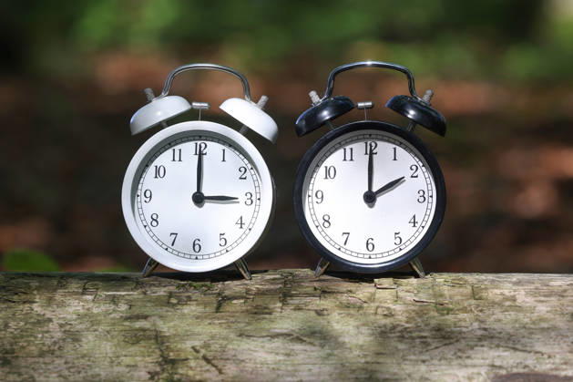 There are two alarm clocks in a forest. One alarm clock reads three o clock, the other shows two o’clock. The clocks will be set back to standard time. On the night of October 24, 2026, to October 25, 2026, the clock will be set back from 3:00 a.m. to 2:00 a.m. Illustrative image on the topic: standard time, time change, clock change on October 6, 2026, in Siegen, Germany
