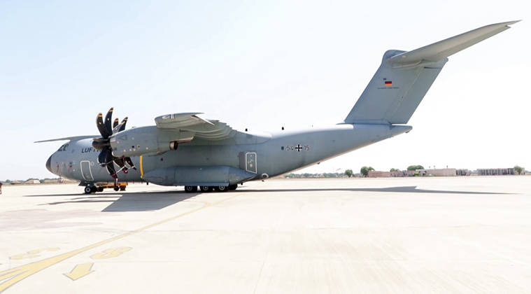 RECORD DATE NOT STATED German Air Force participates in the air combat exercise ˜Tarang Shakti 2026™ Jodhpur, Oct 06 (ANI): A view of a German A400M military transport aircraft deployed during the air combat exercise ˜Tarang Shakti 2026, in Jodhpur on Tuesday. (ANI Video Grab) Jodhpur Rajasthan India Copyright: xANIx ANI_20261006295