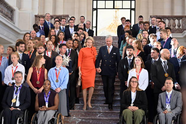 King Philippe and Queen Mathilde of Belgium receive athletes at Laeken Castle BRUSSELS, BELGIUM - OCTOBER 06: King Philippe and Queen Mathilde of Belgium pose for a family photo after receiving Belgian athletes who have achieved significant sporting success over the past two years at the Royal Castle of Laeken in Brussels, Belgium, on October 06, 2026. The reception brings together athletes who won medals at European and world championships in Olympic and Paralympic disciplines, as well as athletes who delivered outstanding performances on the international stage. Dursun Aydemir Anadolu Brussels Belgium. Editorial use only. Please get in touch for any other usage.  Copyright: x2026xAnadoluxDursunxAydemirx