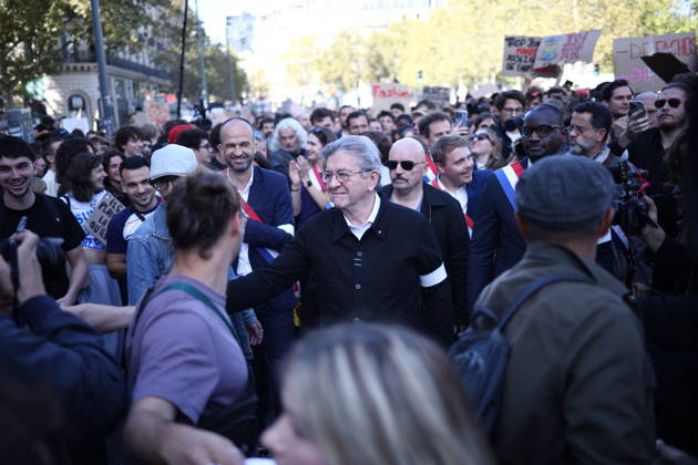 Politics At Student Demonstration - Paris La France Insoumise (LFI) candidate in France s 2027 presidential election Jean-Luc Melenchon arrives at the start of a demonstration part of a nationwide day of actions called by high-school students, joined by unions and teachers, who for days have been demanding better learning conditions in protests punctuated by violent confrontations in Paris on October 6, 2026. Students have blocked the entrances to hundreds of high schools for 15- to 17-year-olds since late September, complaining of missing teachers, overloaded timetables, dilapidated classrooms and buildings that cannot cope with rising temperatures. Photo by Raphael Lafargue ABACAPRESS.COM Paris France  Copyright: xLafarguexRaphael ABACAx