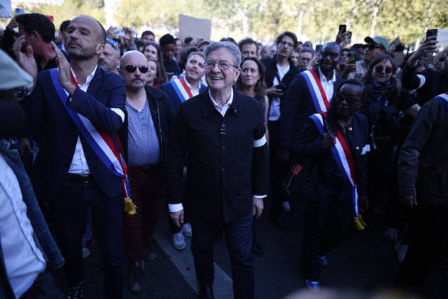 Politics At Student Demonstration - Paris La France Insoumise (LFI) candidate in France s 2027 presidential election Jean-Luc Melenchon arrives at the start of a demonstration part of a nationwide day of actions called by high-school students, joined by unions and teachers, who for days have been demanding better learning conditions in protests punctuated by violent confrontations in Paris on October 6, 2026. Students have blocked the entrances to hundreds of high schools for 15- to 17-year-olds since late September, complaining of missing teachers, overloaded timetables, dilapidated classrooms and buildings that cannot cope with rising temperatures. Photo by Raphael Lafargue ABACAPRESS.COM Paris France  Copyright: xLafarguexRaphael ABACAx