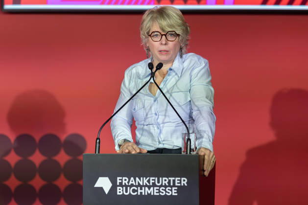 Frankfurt Book Fair 2026: Jill Lepore, an American historian and author, speaks during the opening press conference of the Frankfurt Book Fair 2026, Frankfurt am Main, Hesse, Germany, at the exhibition grounds