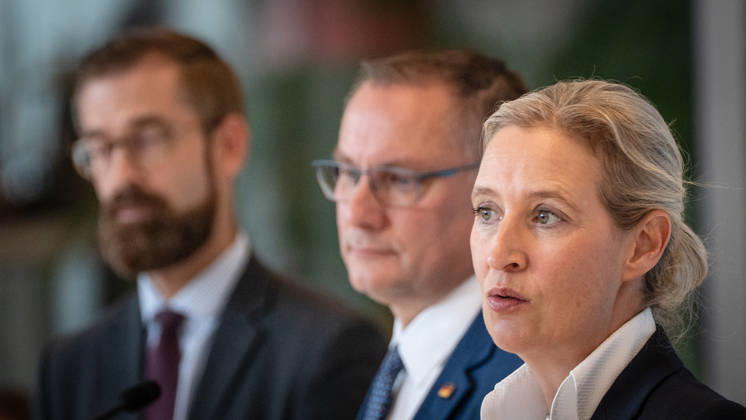 Tino Chrupalla, AfD party and parliamentary group leader, with Alice Weidel, AfD Party and parliamentary group leader; in the background, Marcus Schmidt, press secretary for the AfD parliamentary group in the Bundestag. Press statement by the two AfD party leaders and parliamentary group leaders before the start of the parliamentary group meeting in the German Bundestag, Berlin, Germany,
