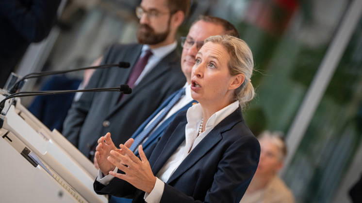 Tino Chrupalla, AfD party and parliamentary group leader, with Alice Weidel, AfD Party and parliamentary group leader; in the background, Marcus Schmidt, press secretary for the AfD parliamentary group in the Bundestag. Press statement by the two AfD party leaders and parliamentary group leaders before the start of the parliamentary group meeting in the German Bundestag, Berlin, Germany,