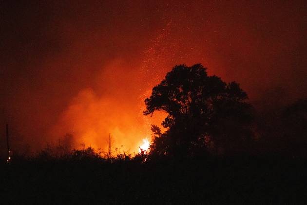 October 6, 2026, Jambi, Indonesia: JAMBI, INDONESIA, OCTOBER 6, 2026: Firefighters battle a land fire burning through trees and vegetation in the Penyengat Rendah area of Jambi City, as local residents observe the blaze. Forest and land fires across parts of Jambi and Sumatra continue to affect air quality and raise environmental concerns during the dry season. Jambi Indonesia - ZUMAq101 20261006_zna_q101_115 Copyright: xPrabanndaruxWahyuajix