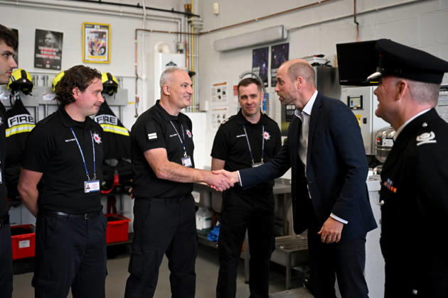 The Prince Of Wales Visits Ilminster ILMINSTER, ENGLAND - OCTOBER 06: Prince William, Prince of Wales shakes hands with members of the Devon and Somerset Fire and Rescue Service during his visit to Ilminster Fire Station on October 06, 2026 in Ilminster, England. The Prince of Wales visited Ilminster in Somerset to learn about communities growing their resilience to wild fires, flood and challenges caused by extreme weather and global warming., Credit:Finnbarr Webster PA ROTA - B68 Avalon United Kingdom, England, Ilminster  Copyright: xFinnbarrxWebsterx xPAxROTAx-xB68x xAvalonx 1141004144