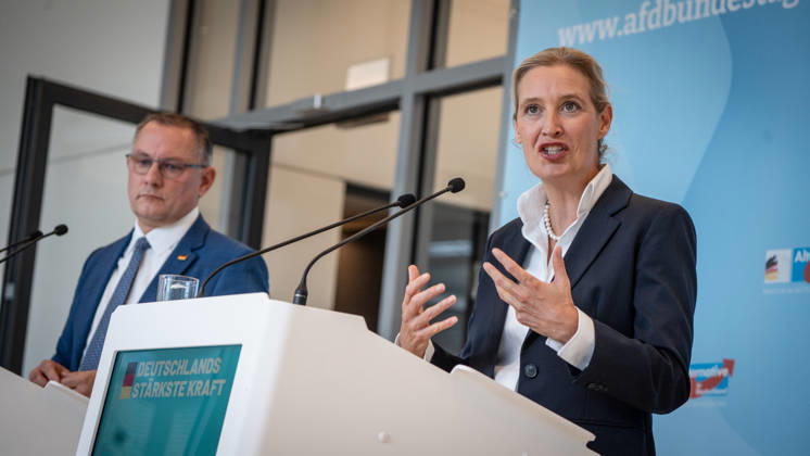 Tino Chrupalla, AfD Party and Parliamentary Group Leader, with Alice Weidel, AfD Party and Parliamentary Group Leader; press statement by the two AfD party leaders and parliamentary group leaders before the start of the parliamentary group meeting in the German Bundestag, Berlin, Germany, Bundestag