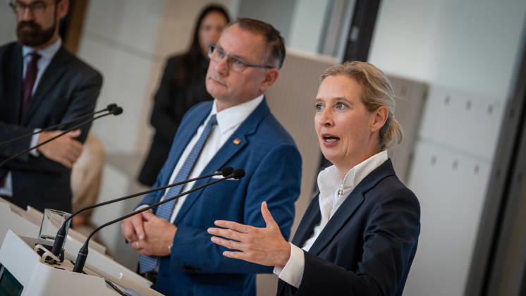 Tino Chrupalla, AfD Party and Parliamentary Group Leader, with Alice Weidel, AfD Party and Parliamentary Group Leader; press statement by the two AfD party leaders and parliamentary group leaders before the start of the parliamentary group meeting in the German Bundestag, Berlin, Germany, Bundestag