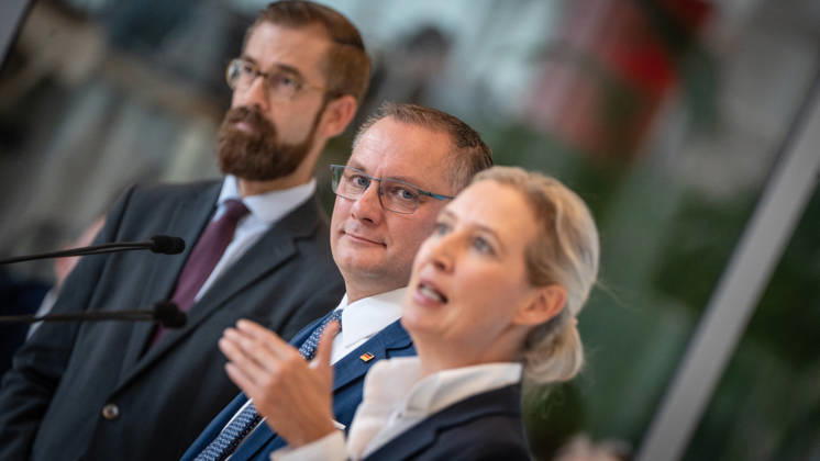 Tino Chrupalla, AfD party and parliamentary group leader, with Alice Weidel, AfD Party and parliamentary group leader; in the background, Marcus Schmidt, press secretary for the AfD parliamentary group in the Bundestag. Press statement by the two AfD party leaders and parliamentary group leaders before the start of the parliamentary group meeting in the German Bundestag, Berlin, Germany,