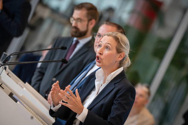 Tino Chrupalla, AfD party and parliamentary group leader, with Alice Weidel, AfD Party and parliamentary group leader; in the background, Marcus Schmidt, press secretary for the AfD parliamentary group in the Bundestag. Press statement by the two AfD party leaders and parliamentary group leaders before the start of the parliamentary group meeting in the German Bundestag, Berlin, Germany,