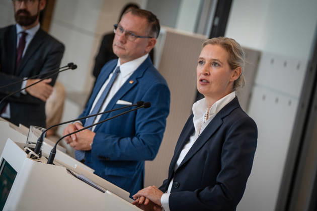 Tino Chrupalla, AfD Party and Parliamentary Group Leader, with Alice Weidel, AfD Party and Parliamentary Group Leader; press statement by the two AfD party leaders and parliamentary group leaders before the start of the parliamentary group meeting in the German Bundestag, Berlin, Germany, Bundestag