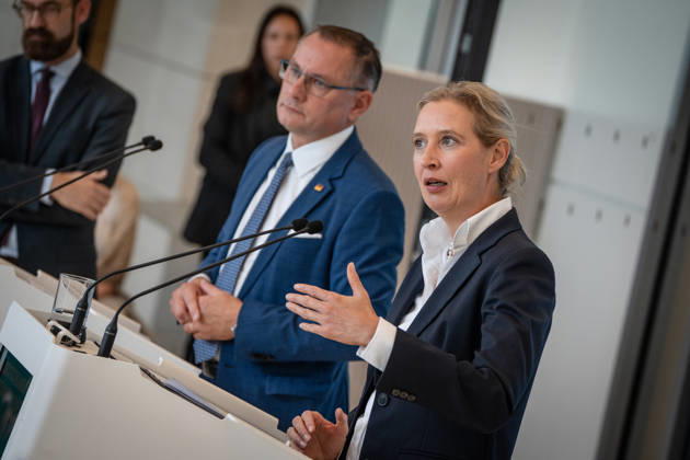 Tino Chrupalla, AfD Party and Parliamentary Group Leader, with Alice Weidel, AfD Party and Parliamentary Group Leader; press statement by the two AfD party leaders and parliamentary group leaders before the start of the parliamentary group meeting in the German Bundestag, Berlin, Germany, Bundestag