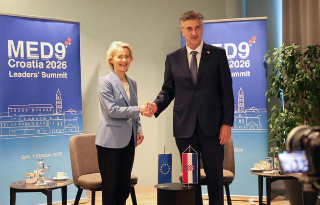 Prime minister of Croatia Andrej Plenkovic meets with President of the European Commission Ursula von der Leyen Prime minister of Croatia Andrej Plenkovic meets with President of the European Commission Ursula von der Leyen ahead of MED9 Summit at hotel Radison Blu in Split, Croatia, on October 06, 2026.  IvanaxIvanovic PIXSELL