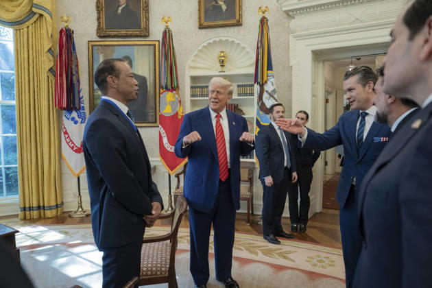 October 6, 2026, Washington, Dc, United States of America: U.S. President Donald Trump speaks with golfer Tiger Woods and officials in the Oval Office of the White House, February 20, 2025 in Washington, D.C. Woods, who received the Presidential Medal of Freedom from Trump in 2019, joined PGA Tour leaders at the White House for talks on a proposed deal with Saudi ArabiaÃ¢â‚¬â ¢s Public Investment Fund before Trump introduced him as a surprise guest at a Black History Month reception. Washington United States of America - ZUMAp138 20261006_zaa_p138_004 Copyright: xJoycexN.xBoghosian WhitexHousex