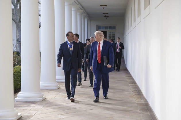 October 6, 2026, Washington, Dc, United States of America: U.S. President Donald Trump walks with golfer Tiger Woods along the West Colonnade of the White House before a reception honoring Black History Month, February 20, 2025 in Washington, D.C. Woods, who received the Presidential Medal of Freedom from Trump in 2019, joined PGA Tour leaders at the White House for talks on a proposed deal with Saudi ArabiaÃ¢â‚¬â ¢s Public Investment Fund before Trump introduced him as a surprise guest at a Black History Month reception. Washington United States of America - ZUMAp138 20261006_zaa_p138_019 Copyright: xJoycexBoghosian WhitexHousex