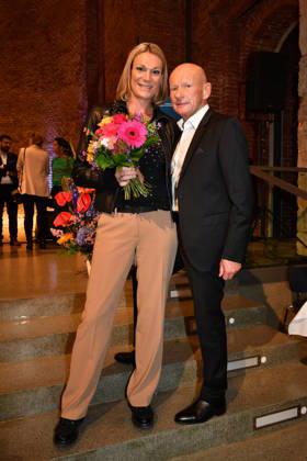 Maria Höfl Riesch with her boyfriend Johann Schrempf; Award Ceremony for the Bavarian State Medal for Social Service, 2026; All Saints Day; Hofkirche, Munich; October 6, 2026