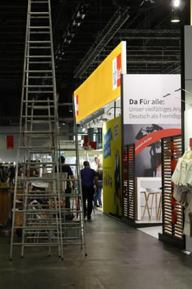 Frankfurt Impressions, October 6, 2026: Work is still underway this evening at the 78th Frankfurt Book Fair—here at the Klett Frankfurt booth in Frankfurt am Main, Hesse, Germany