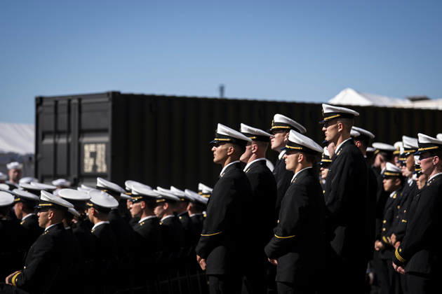 Members of the Navy listen during an event at Tradepoint Atlantic in Sparrows Point, Maryland on Tuesday, Oct. 6, 2026. Anduril is in advanced talks to build an autonomous surface-vessel factory at Tradepoint Atlantic, which would give the company an East Coast hub alongside its Foss Maritime shipyard in Seattle and undersea-vehicle factory at Quonset Business Park in Rhode Island. BAL20261006106 AlxDrago