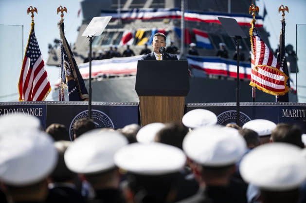 Acting Secretary of the Navy Hung Cao speaks during an event at Tradepoint Atlantic in Sparrows Point, Maryland on Tuesday, Oct. 6, 2026. Anduril is in advanced talks to build an autonomous surface-vessel factory at Tradepoint Atlantic, which would give the company an East Coast hub alongside its Foss Maritime shipyard in Seattle and undersea-vehicle factory at Quonset Business Park in Rhode Island. BAL20261006110 AlxDrago