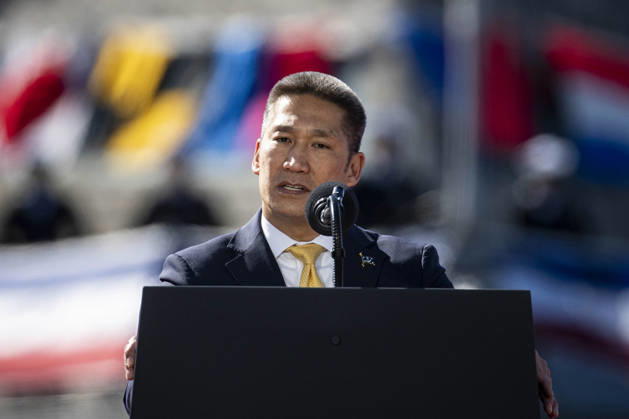 Acting Secretary of the Navy Hung Cao speaks during an event at Tradepoint Atlantic in Sparrows Point, Maryland on Tuesday, Oct. 6, 2026. Anduril is in advanced talks to build an autonomous surface-vessel factory at Tradepoint Atlantic, which would give the company an East Coast hub alongside its Foss Maritime shipyard in Seattle and undersea-vehicle factory at Quonset Business Park in Rhode Island. BAL20261006111 AlxDrago