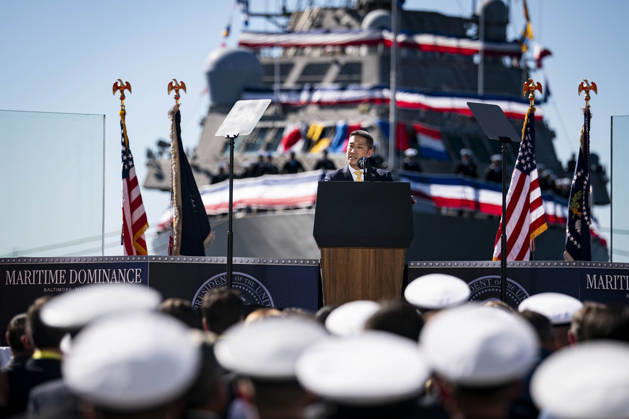Acting Secretary of the Navy Hung Cao speaks during an event at Tradepoint Atlantic in Sparrows Point, Maryland on Tuesday, Oct. 6, 2026. Anduril is in advanced talks to build an autonomous surface-vessel factory at Tradepoint Atlantic, which would give the company an East Coast hub alongside its Foss Maritime shipyard in Seattle and undersea-vehicle factory at Quonset Business Park in Rhode Island. BAL20261006112 AlxDrago