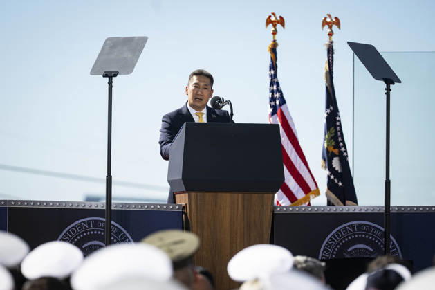 Acting Secretary of the Navy Hung Cao speaks during an event at Tradepoint Atlantic in Sparrows Point, Maryland on Tuesday, Oct. 6, 2026. Anduril is in advanced talks to build an autonomous surface-vessel factory at Tradepoint Atlantic, which would give the company an East Coast hub alongside its Foss Maritime shipyard in Seattle and undersea-vehicle factory at Quonset Business Park in Rhode Island. BAL20261006113 AlxDrago
