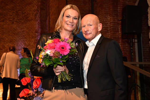 Maria Höfl Riesch and Johann Schrempf at the presentation of the Bavarian State Medal for Social Merit at the All Saints Court Church, Residenz on October 6, 2026, in Munich. Maria Riesch and Johann Schrempf attend the presentation of the Bavarian State Medal for Social Mer