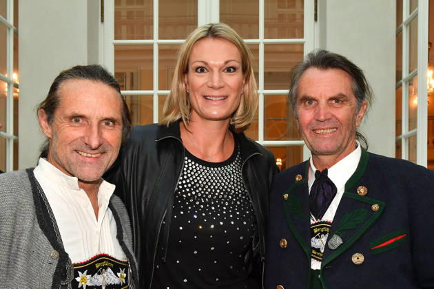 Alexander Huber, Maria Riesch, and Thomas Huber (the Huber brothers) at the presentation of the Bavarian State Medal for Social Merit at the All Saints Court Church (Allerheiligen Hofkirche) in the Residenz on October 6, 2026, in Munich,