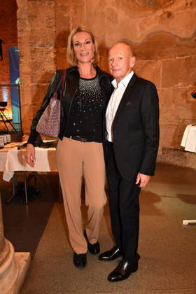 Maria Höfl Riesch and Johann Schrempf at the presentation of the Bavarian State Medal for Social Merit at the All Saints Court Church, Residenz on October 6, 2026, in Munich. Maria Riesch and Johann Schrempf attend the presentation of the Bavarian State Medal for Social Mer