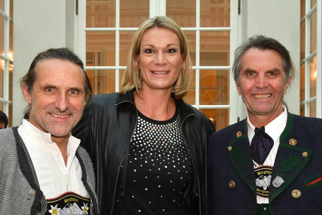 Alexander Huber, Maria Riesch, and Thomas Huber (the Huber brothers) at the presentation of the Bavarian State Medal for Social Merit at the All Saints Court Church (Allerheiligen Hofkirche) in the Residenz on October 6, 2026, in Munich,