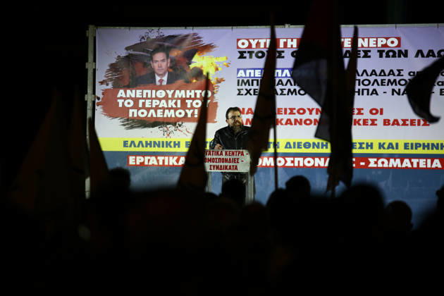 October 6, 2026, Athens, Attica, GREECE: A speaker addresses demonstrators from a stage during an anti-war protest opposing the visit of US Secretary of State MARCO RUBIO. Athens GREECE  - ZUMAx103 20261006_zip_x103_010 Copyright: xHarrisxXanthopoulosx