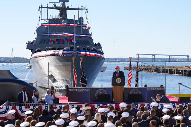 The President of the United States, Donald Trump, speaks during an event with members of the Navy at the Port of Baltimore in Maryland, United States, 06 October 2026. Trump mocked the reaction of Mexican leader Claudia Sheinbaum when, last year, he decreed changing the name of the Gulf of Mexico to the Gulf of America. Trump mocks Sheinbaum s reaction when he changed the name of the Gulf of Mexico !ACHTUNG: NUR REDAKTIONELLE NUTZUNG! Copyright: xOctavioxGuzmánx AME3397 20261006-55021607965_1