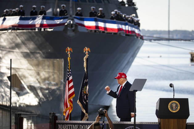 President Donald Trump during an event at Tradepoint Atlantic in Sparrows Point, Marylan on Tuesday, Oct. 6, 2026. Anduril Industries, known for building drones and autonomous aircraft, is investing $3.7 billion to build a massive new shipbuilding facility named Arsenal 2 in Maryland, a move that will enhance the US Navy s nuclear-powered submarine production. BAL20261006128 AlxDrago