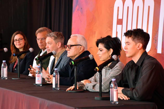 NEW YORK, NY- OCTOBER 6: Lear deBessonet, Aaron Sorkin, Michael Arden, Bradley Whitford, Krysta Rodriguez and Tom Blyth at the press conference for A Few Good Men at Lincoln Center Theater in the Vivian Beaumont Theatre on October 6, 2026 in New York City. Copyright: xmpi099 MediaPunchx