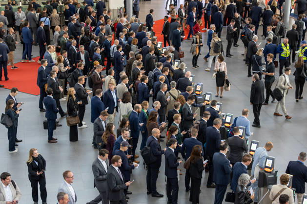 EXPO REAL 2026 in Munich, October 5, 2026: Trade visitors on their way to the exhibition halls at the Messe München grounds. First day of EXPO REAL 2026, the international trade fair for real estate, investments, and infrastructure will take place in Munich from October 5 to 7, 2026, bringing to
