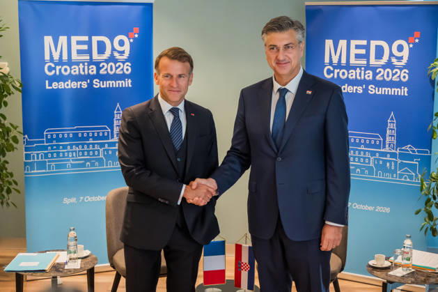 EU MED9 Bilateral meet Plenkovic - Macron Croatian Prime Minister Andrej Plenkovic meets French President Emmanuel Macron during bilateral meetings on the sidelines of the EU MED9 summit in Split, Croatia on October 7, 2027. ZvonimirxBarisin PIXSELL