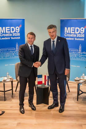 EU MED9 Bilateral meet Plenkovic - Macron Croatian Prime Minister Andrej Plenkovic meets French President Emmanuel Macron during bilateral meetings on the sidelines of the EU MED9 summit in Split, Croatia on October 7, 2027. ZvonimirxBarisin PIXSELL