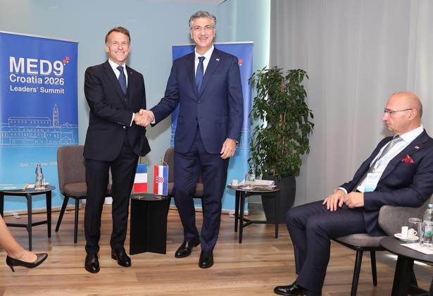 EU MED9 Bilateral meet Plenkovic - Macron Croatian Prime Minister Andrej Plenkovic meets French President Emmanuel Macron during bilateral meetings on the sidelines of the EU MED9 summit in Split, Croatia on October 7, 2027. IvanaxIvanovic PIXSELL