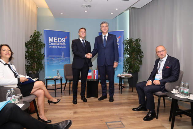 EU MED9 Bilateral meet Plenkovic - Macron Croatian Prime Minister Andrej Plenkovic meets French President Emmanuel Macron during bilateral meetings on the sidelines of the EU MED9 summit in Split, Croatia on October 7, 2027. IvanaxIvanovic PIXSELL