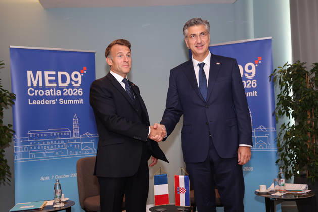 EU MED9 Bilateral meet Plenkovic - Macron Croatian Prime Minister Andrej Plenkovic meets French President Emmanuel Macron during bilateral meetings on the sidelines of the EU MED9 summit in Split, Croatia on October 7, 2027. IvanaxIvanovic PIXSELL