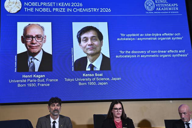 Henri Kagan and Kenso Soai are awarded the 2026 Nobel Prize in Chemistry during a press conference at the Royal Swedish Academy of Sciences in Stockholm, Sweden, on October 7, 2026 STOCKHOLM SWEDEN x10080x Copyright: xFredrikxSandberg TTx SWEDEN NOBEL PRIZE 2026 CHEMISTRY pqwVHiM_9nU