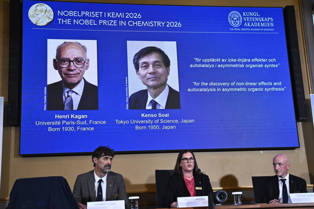 Henri Kagan and Kenso Soai are awarded the 2026 Nobel Prize in Chemistry during a press conference at the Royal Swedish Academy of Sciences in Stockholm, Sweden, on October 7, 2026 STOCKHOLM SWEDEN x10080x Copyright: xFredrikxSandberg TTx SWEDEN NOBEL PRIZE 2026 CHEMISTRY syTsaEjALG0