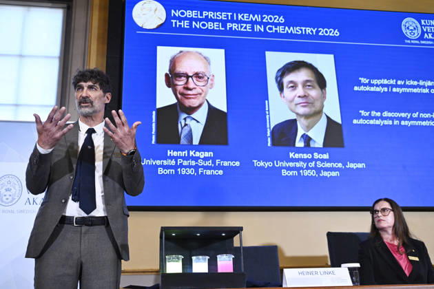 Henri Kagan and Kenso Soai are awarded the 2026 Nobel Prize in Chemistry during a press conference at the Royal Swedish Academy of Sciences in Stockholm, Sweden, on October 7, 2026 STOCKHOLM SWEDEN x10080x Copyright: xFredrikxSandberg TTx SWEDEN NOBEL PRIZE 2026 CHEMISTRY kH_Fmq-2IN4